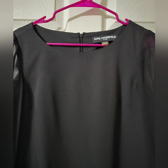 Karl Lagerfield Black Crepe Sheath Mini Dress, Sheer Chiffon Slit Sleeves, EUC! - Picture 4 of 13